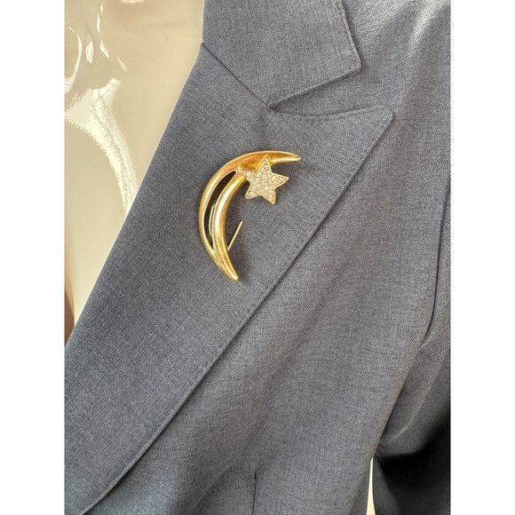 Vintage Gold-Tone Crescent Moon & Star Brooch With Rhinestones & Black Enamel - Picture 8 of 16
